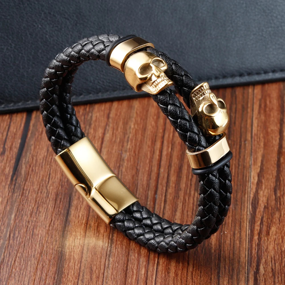 Bracelet Cuir Noir Tressé Homme et Style Punk à Fermoir Magnétique en Acier Inoxydable