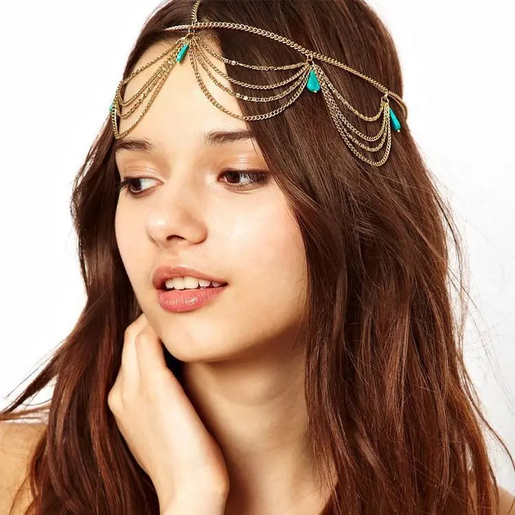 Cadena para la cabeza bohemia con cuentas doradas: joya para el cabello para mujer, para bodas, fiestas o festivales.