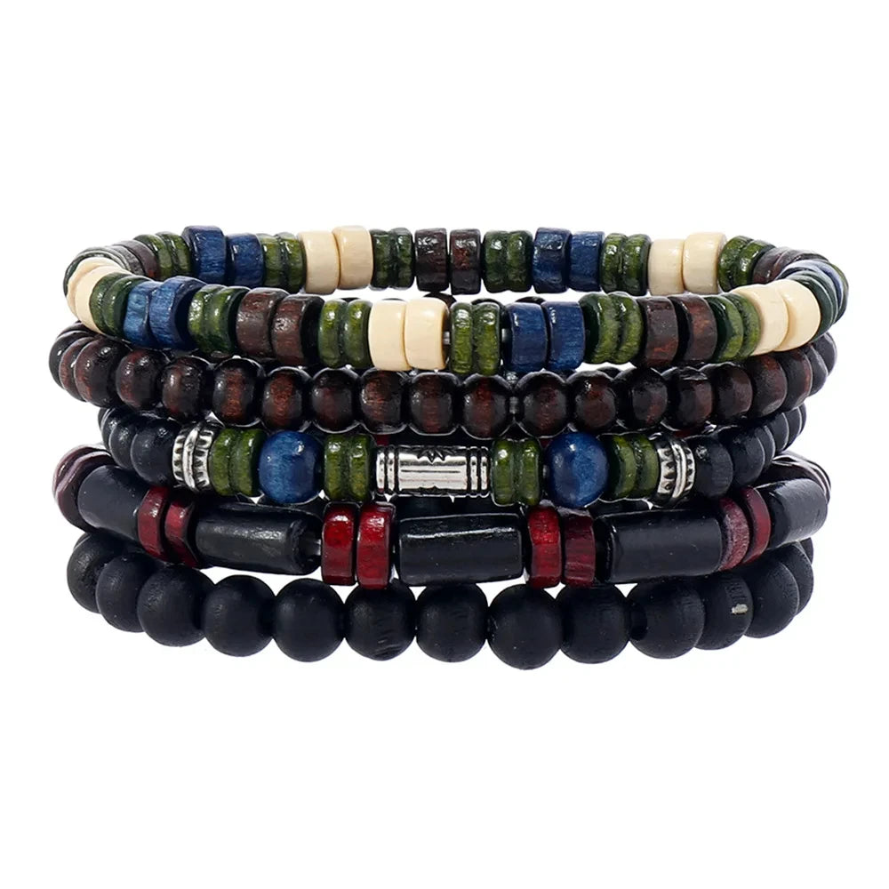 Bracelet Homme Bohème – Ensemble de Bracelets en Bois Naturel Tendance et Fait Main