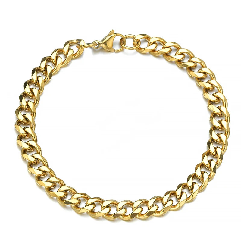 Pulsera de cadena cubana de acero inoxidable - Unisex, dorada, plateada y negra