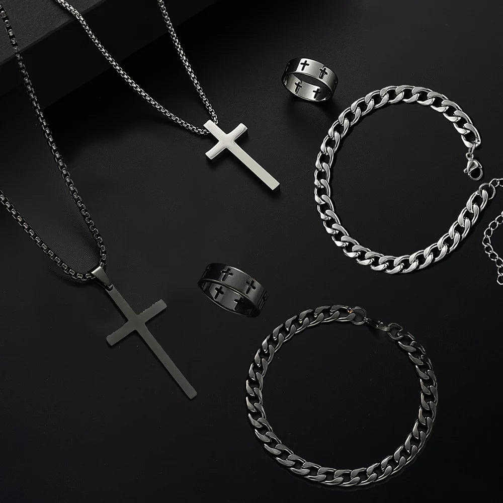 Conjunto 3 en 1 para hombre: collar, pulsera y anillo de acero inoxidable con cruz