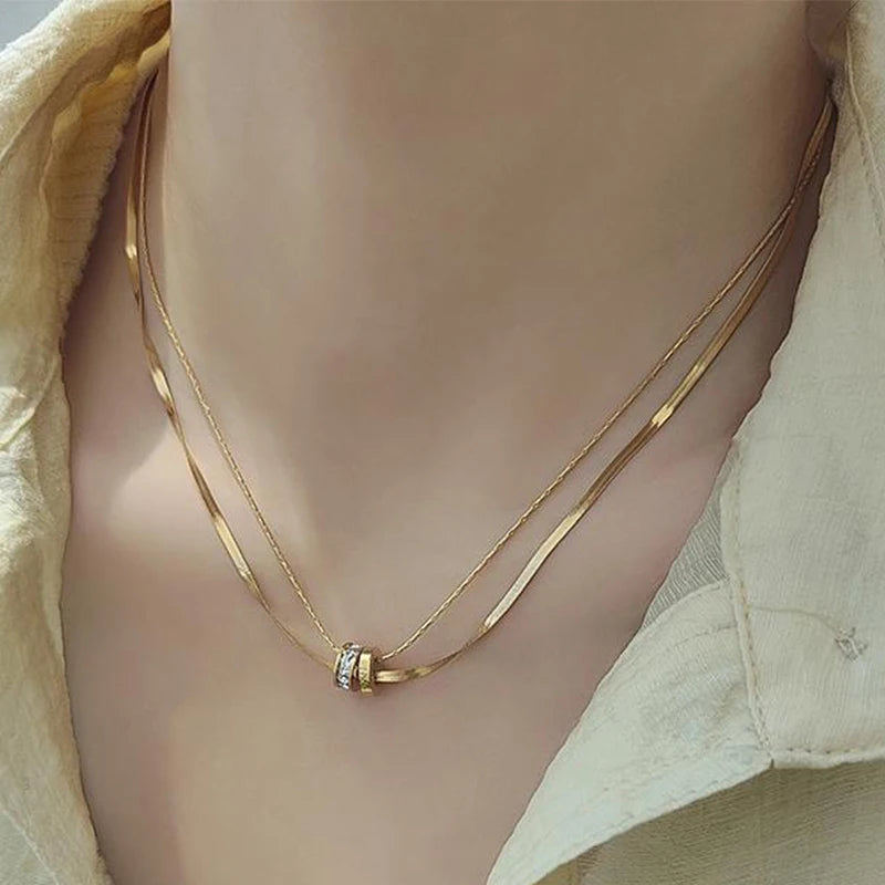 Collar de acero inoxidable de doble hilera: elegante colgante de cristal para mujer, elegante cadena de clavícula.