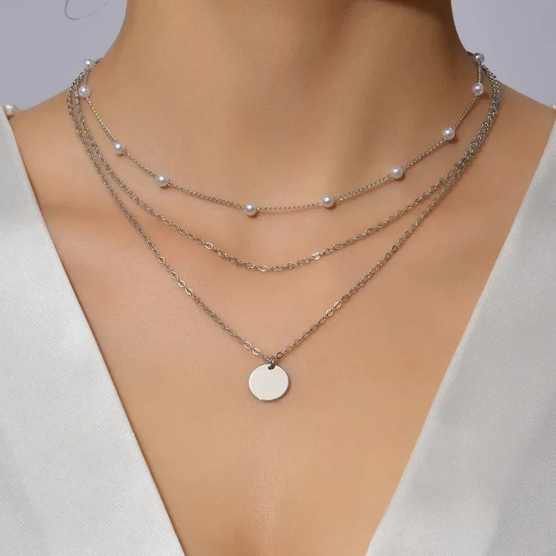 Collier Femme Argenté 925 à Trois Rangs – Style Minimaliste avec Médaillon Rond