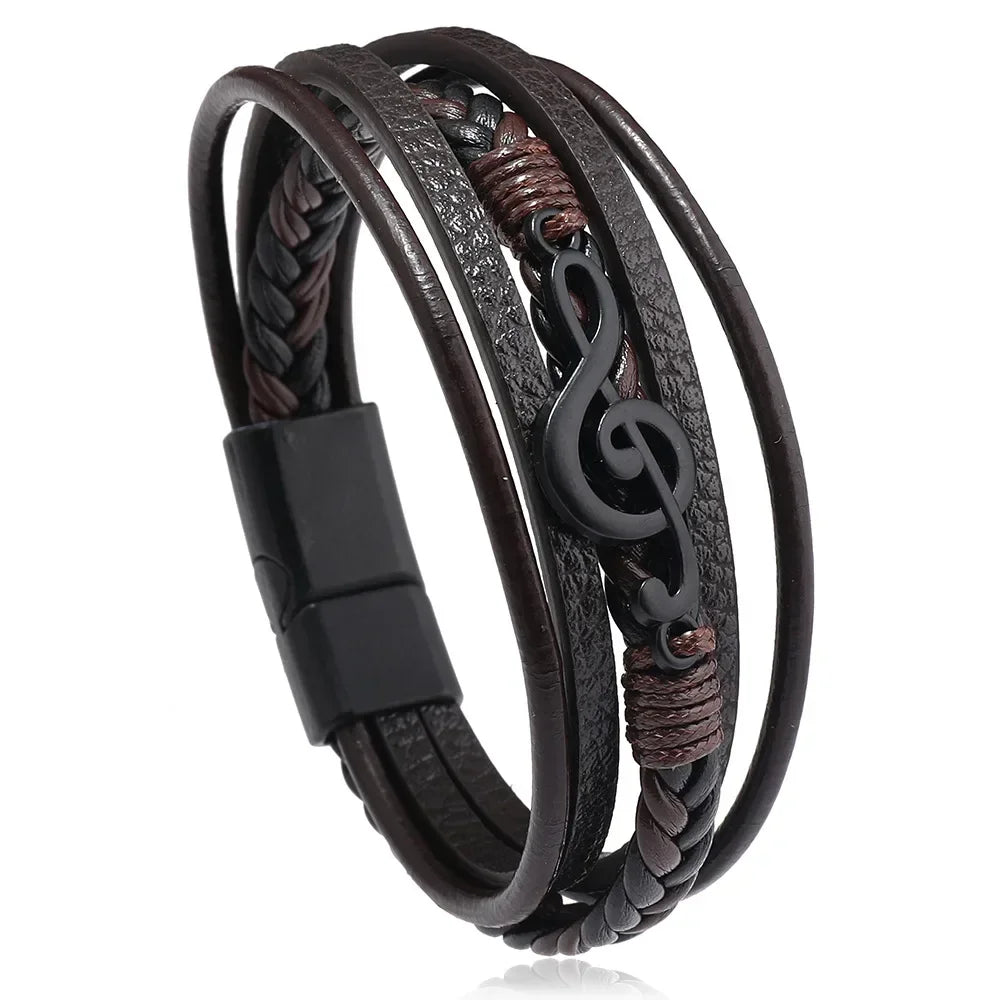 Bracelet homme multicouche en cuir avec fermoir magnétique et symbole musical – Héritage Chic