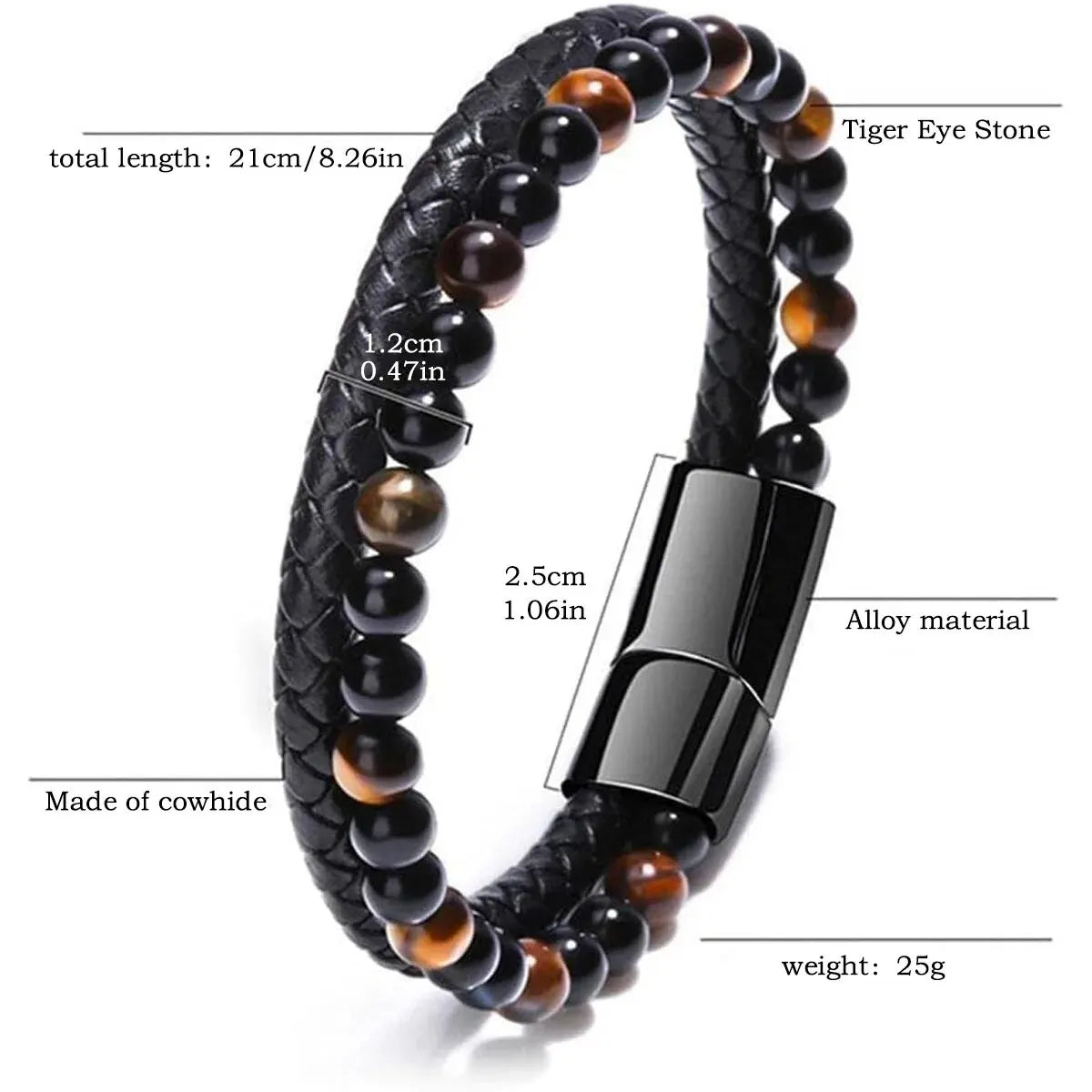 Pulsera de piedra natural: ojo de tigre, ónix y lava. Estilo unisex y equilibrado.