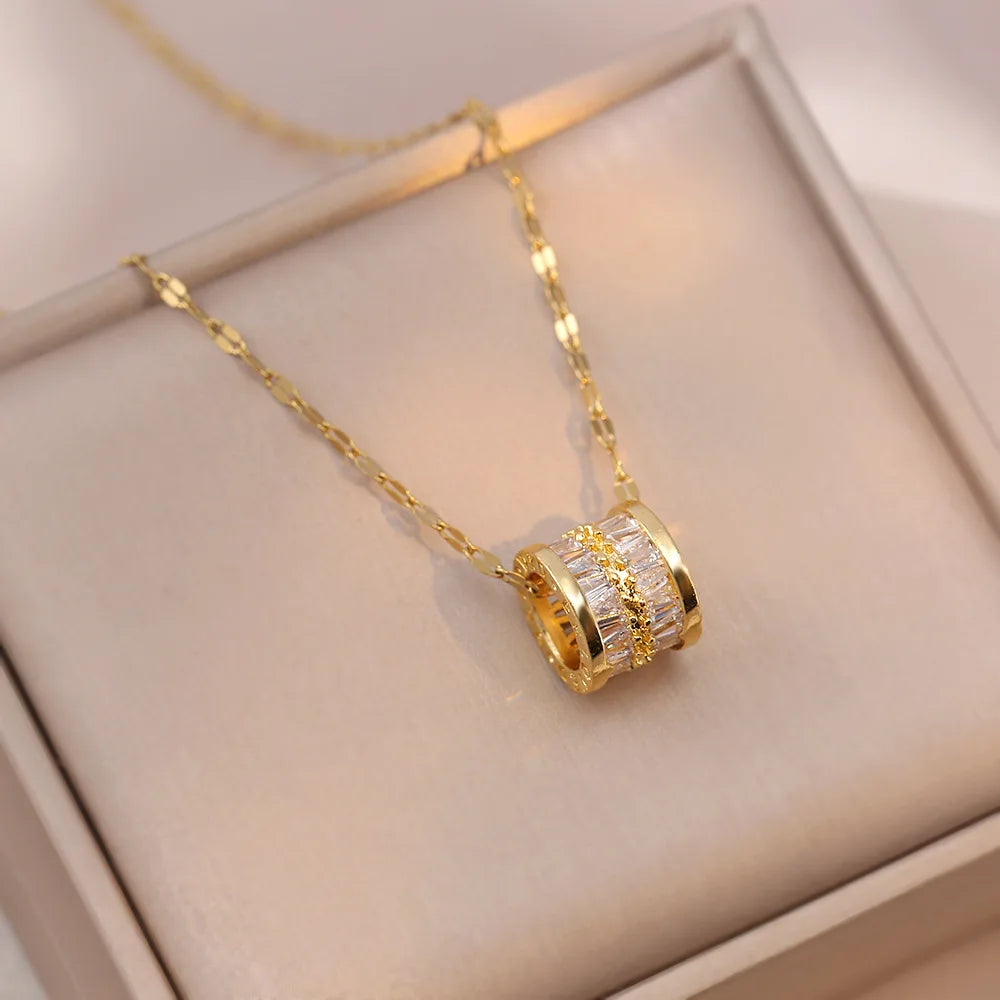 Collar de acero inoxidable de doble hilera: elegante colgante de cristal para mujer, elegante cadena de clavícula.