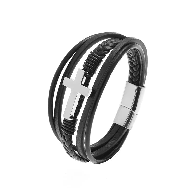 Bracelet en cuir noir et acier – Motif croix décorative