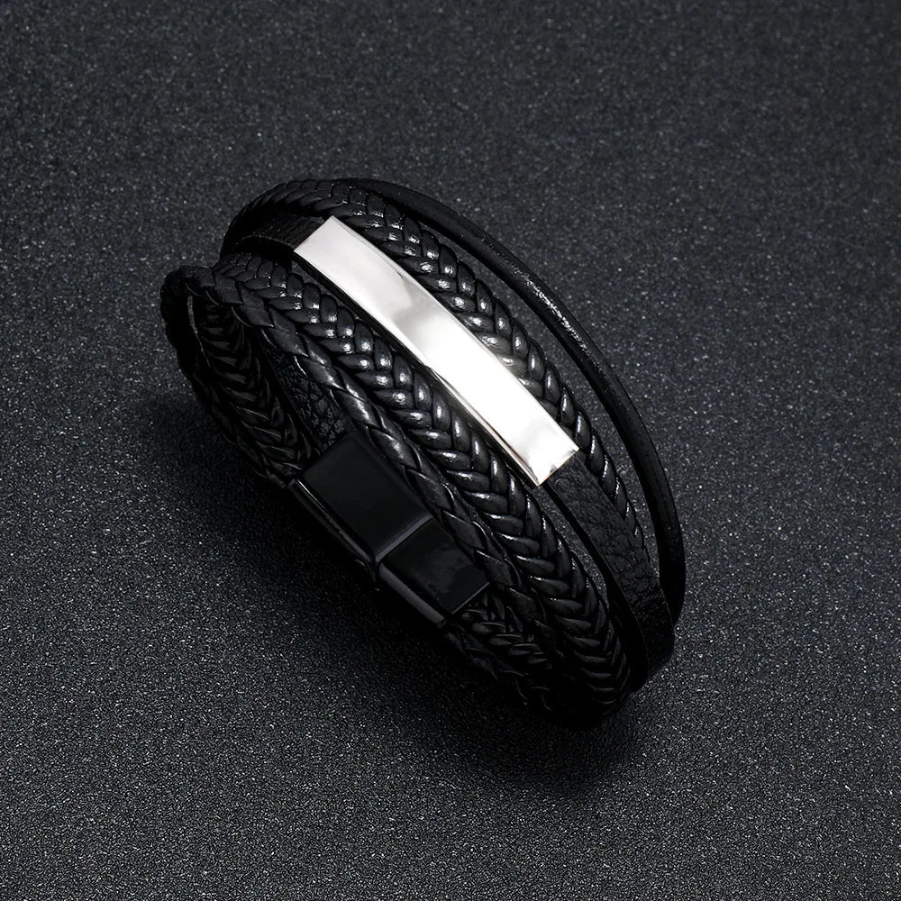 Pulsera trenzada de cuero y acero inoxidable para hombre – Multicapa – Elegante y moderna