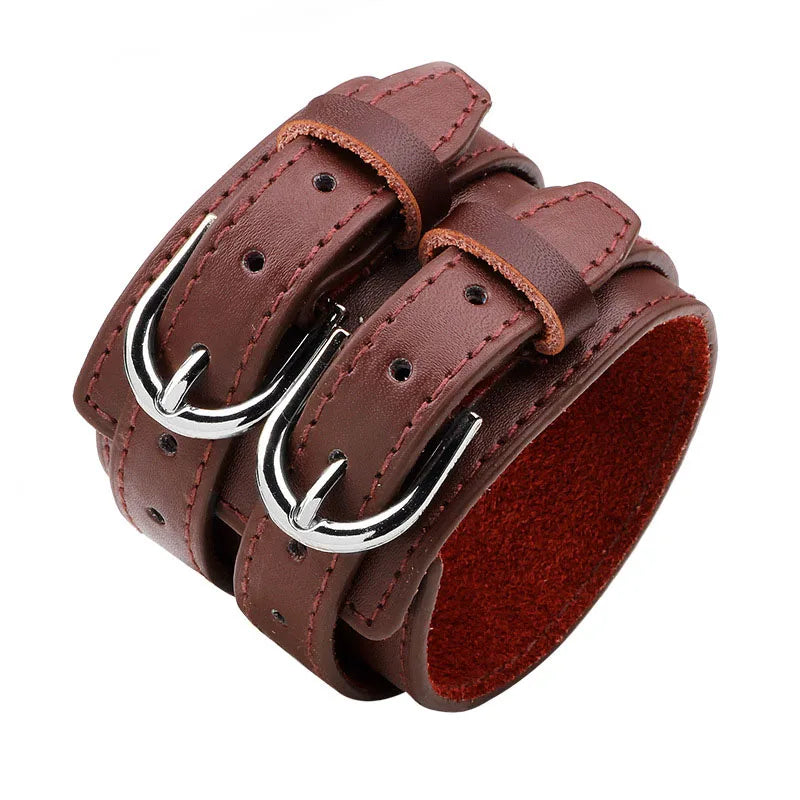 Pulsera ancha de cuero genuino para hombre, estilo punk, ajustable con doble hebilla.