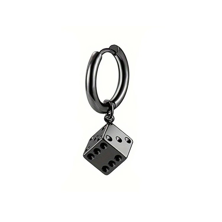Men's Dice Earring - Silver Stainless Steel, Trendy Style