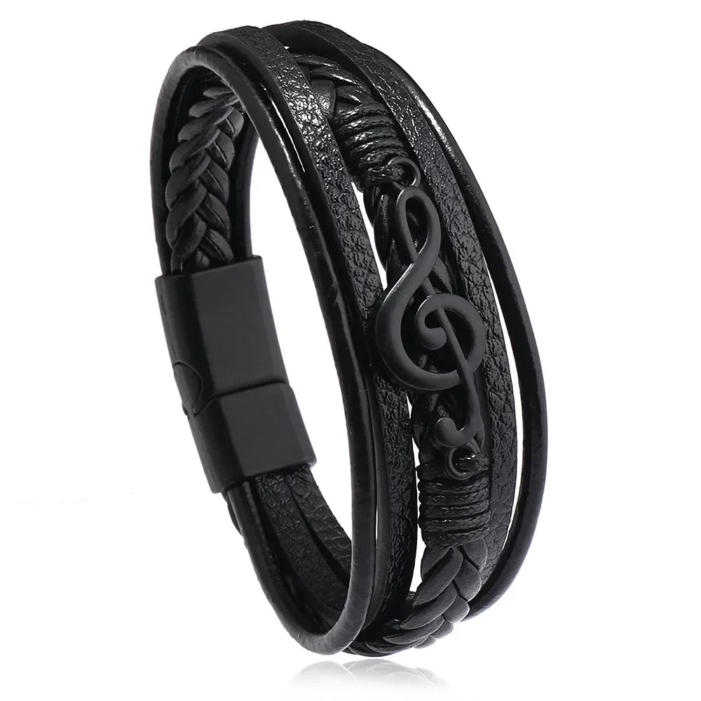 Bracelet homme multicouche en cuir avec fermoir magnétique et symbole musical – Héritage Chic