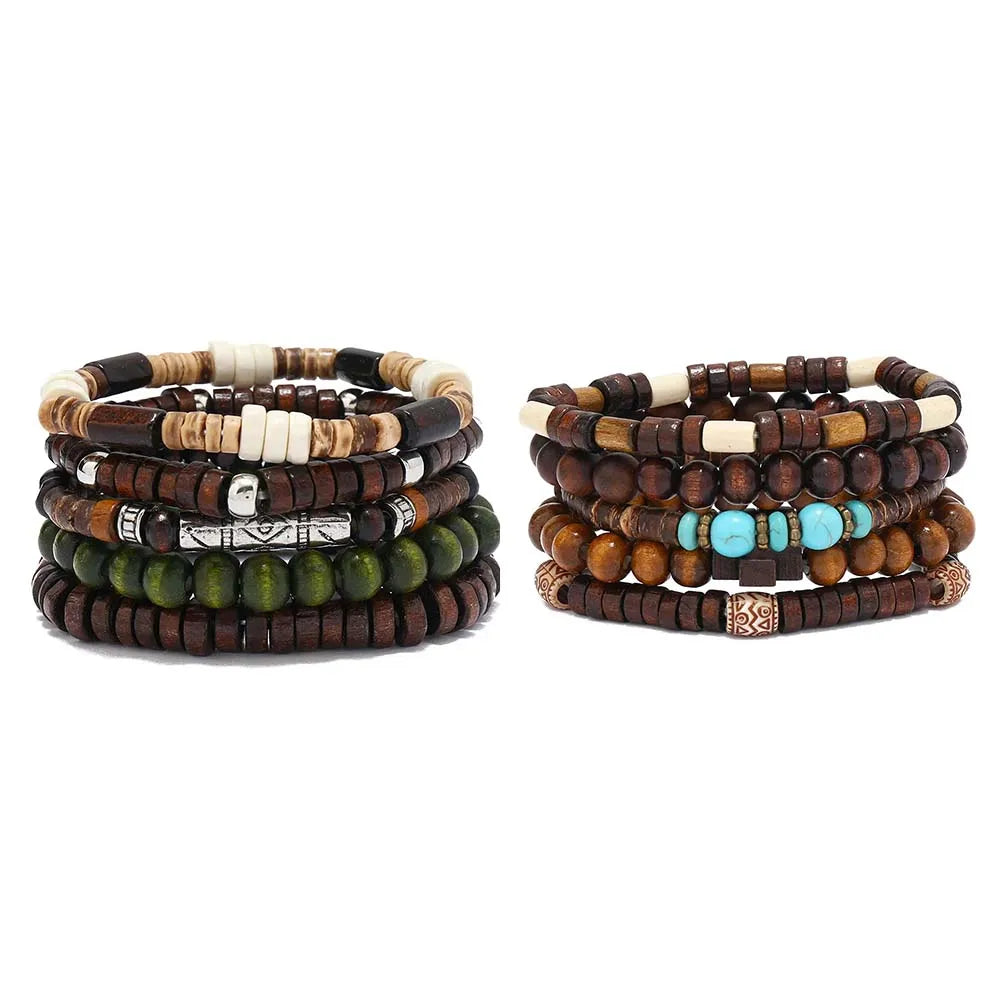 Bracelet Homme Bohème – Ensemble de Bracelets en Bois Naturel Tendance et Fait Main
