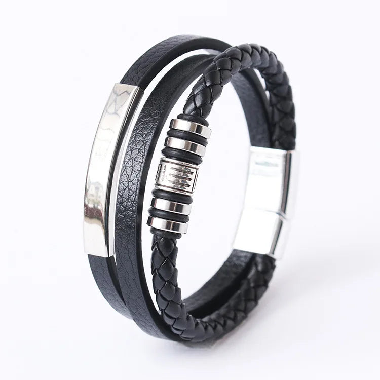 Pulsera trenzada de cuero y acero inoxidable para hombre – Multicapa – Elegante y moderna