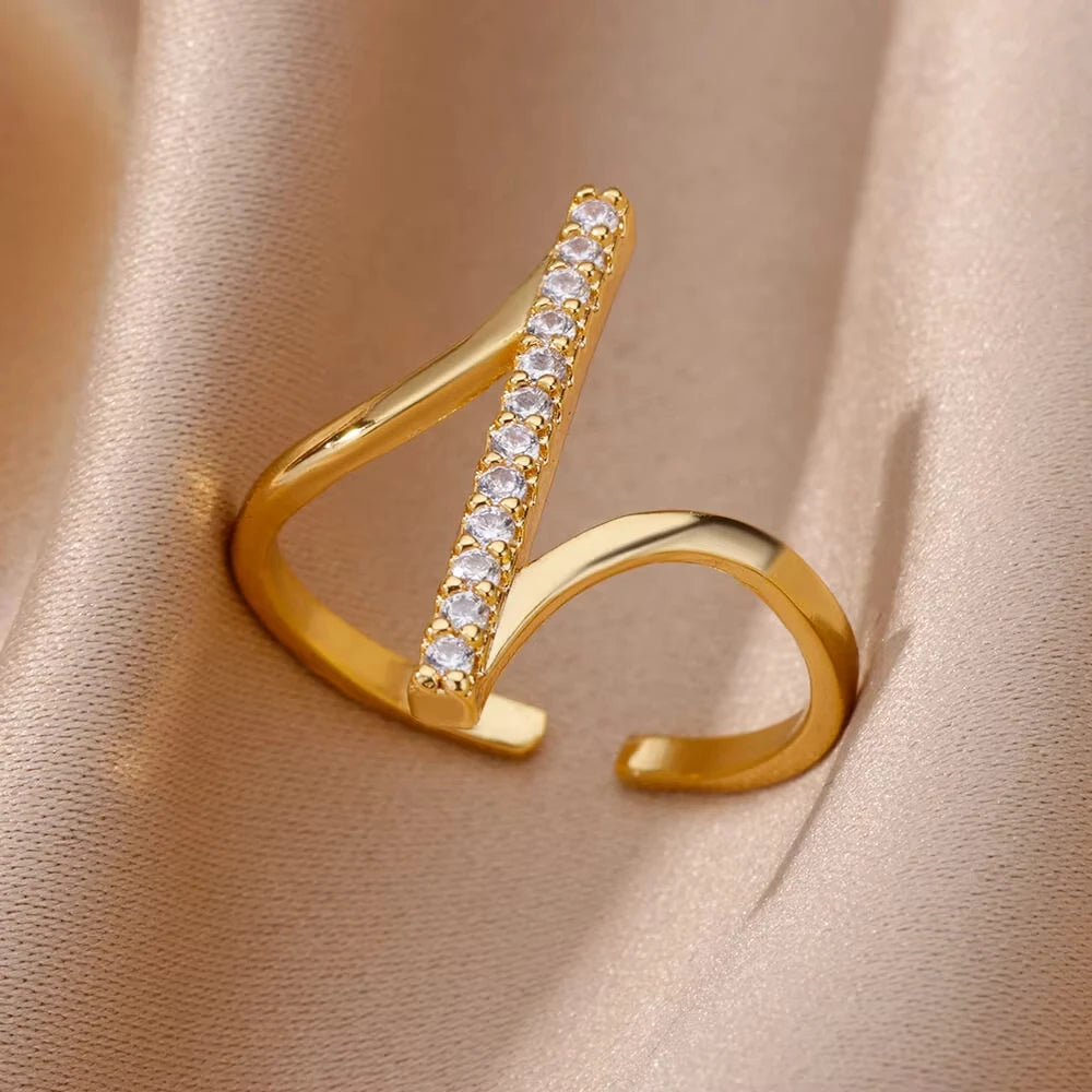 Bague œil Protecteur – Acier Inoxydable Doré, Ajustable, Design Géométrique avec Zircone