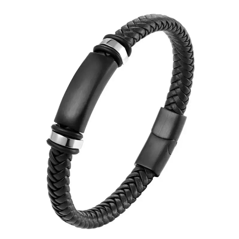 Bracelet en cuir noir et acier – Motif croix décorative
