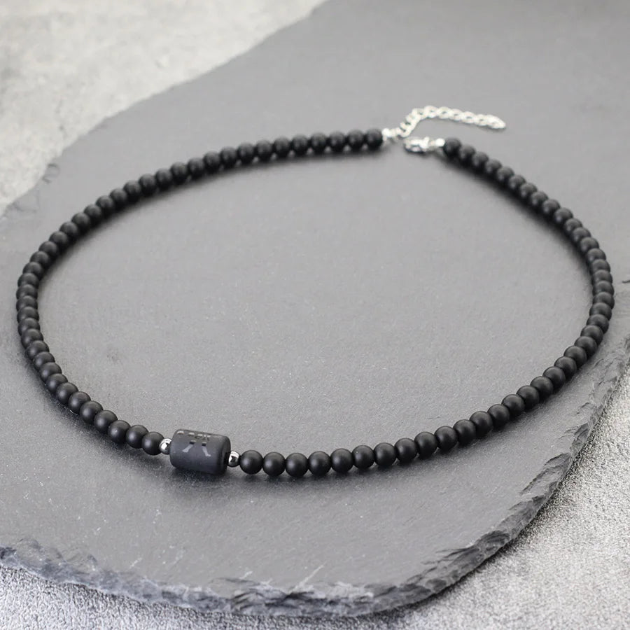 Collar de ónix negro para hombre con 12 constelaciones y cierre de acero