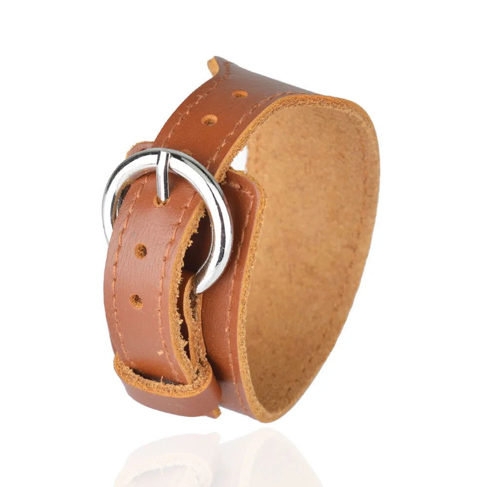 Pulsera ancha de cuero genuino para hombre, estilo punk, ajustable con doble hebilla.