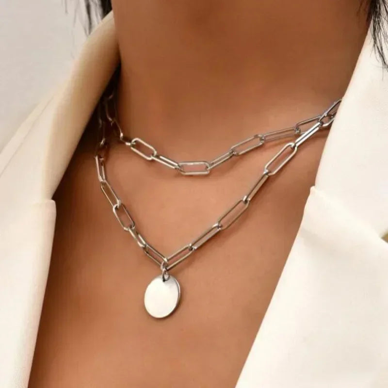 Collier Femme Argenté 925 à Trois Rangs – Style Minimaliste avec Médaillon Rond