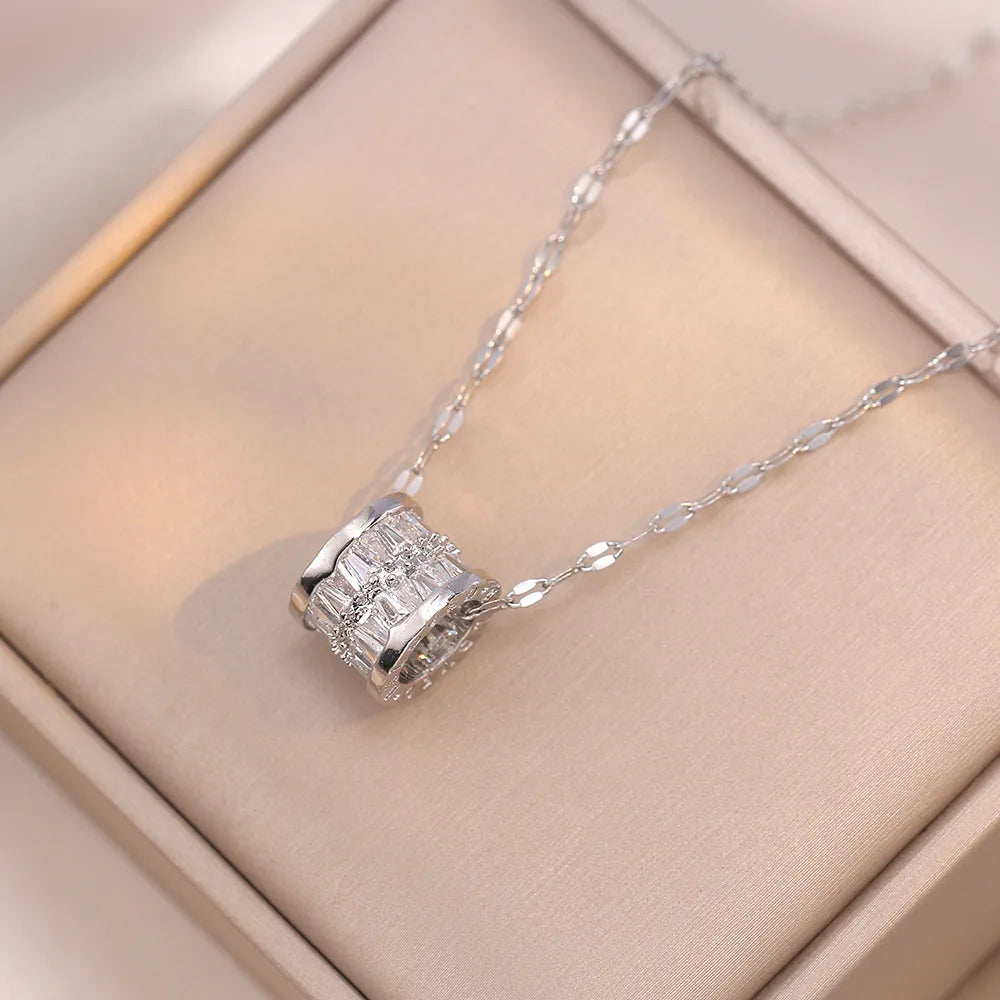 Collar de acero inoxidable de doble hilera: elegante colgante de cristal para mujer, elegante cadena de clavícula.