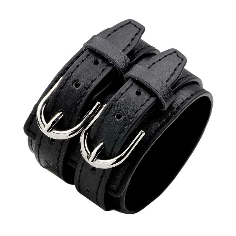 Pulsera ancha de cuero genuino para hombre, estilo punk, ajustable con doble hebilla.