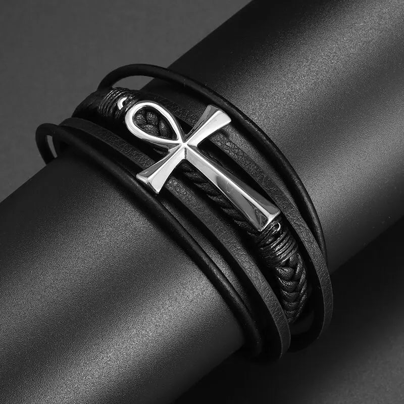 Bracelet en cuir noir et acier – Motif croix décorative