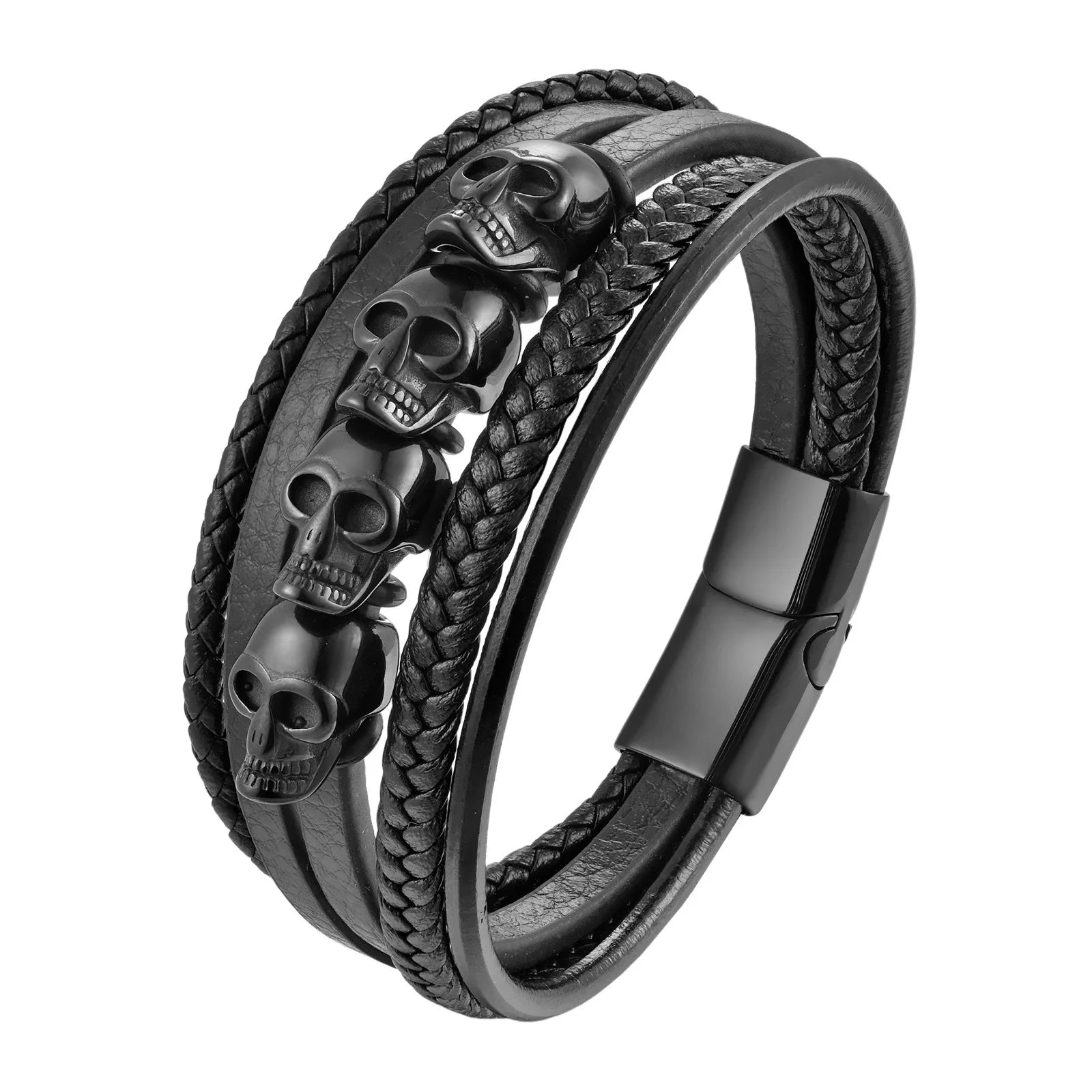 Bracelet Cuir Noir Tressé Homme et Style Punk à Fermoir Magnétique en Acier Inoxydable
