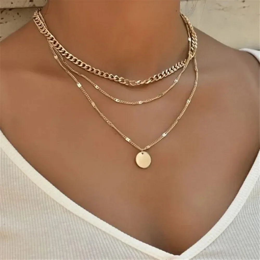 Collier Femme Argenté 925 à Trois Rangs – Style Minimaliste avec Médaillon Rond
