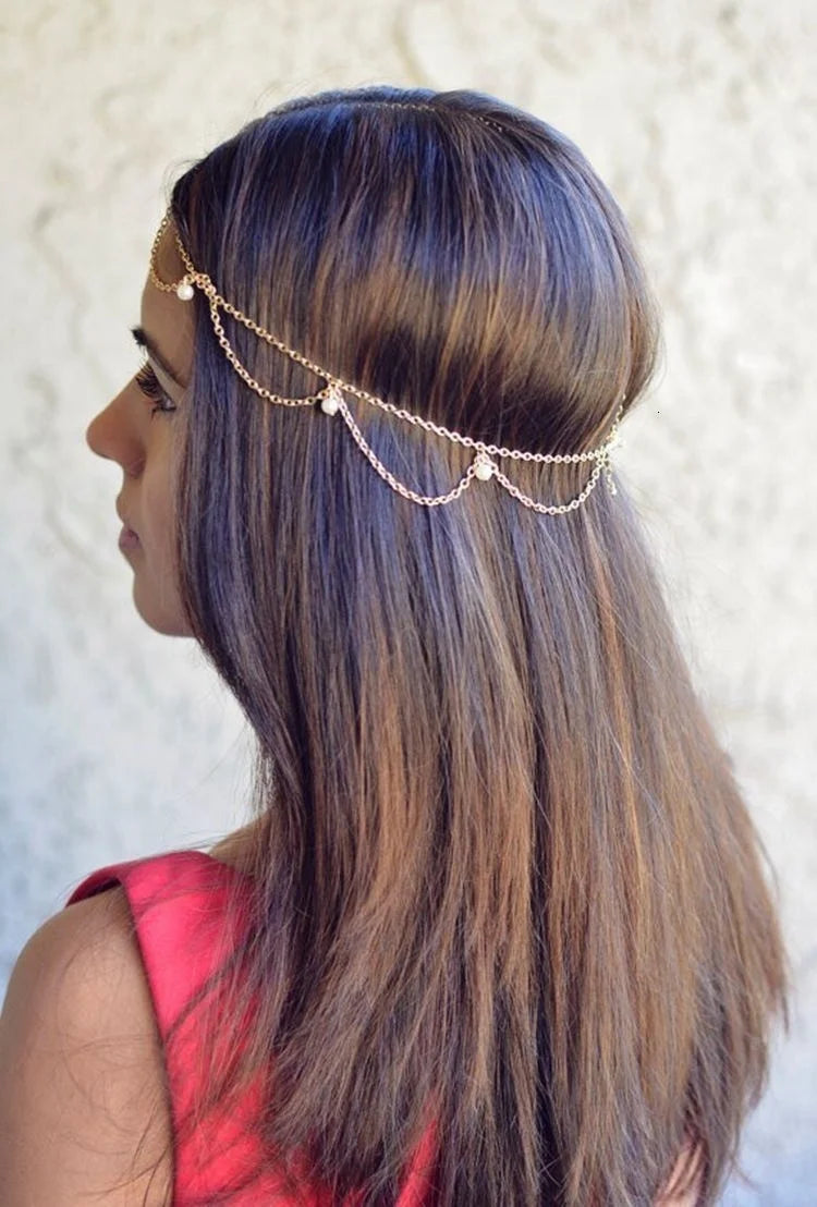 Cadena para la cabeza bohemia con cuentas doradas: joya para el cabello para mujer, para bodas, fiestas o festivales.
