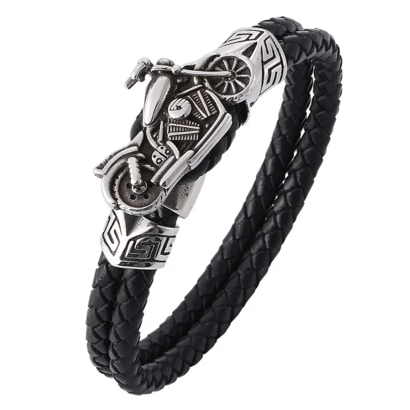 Bracelet en cuir noir et acier – Motif croix décorative