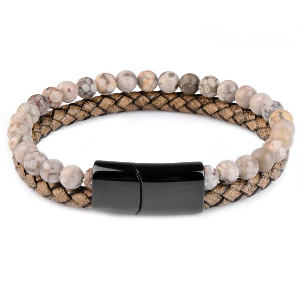 Pulsera de ojo de tigre para hombre: cuero auténtico y acero magnético negro
