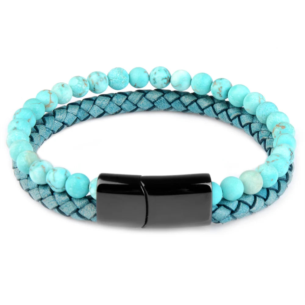 Pulsera de ojo de tigre para hombre: cuero auténtico y acero magnético negro