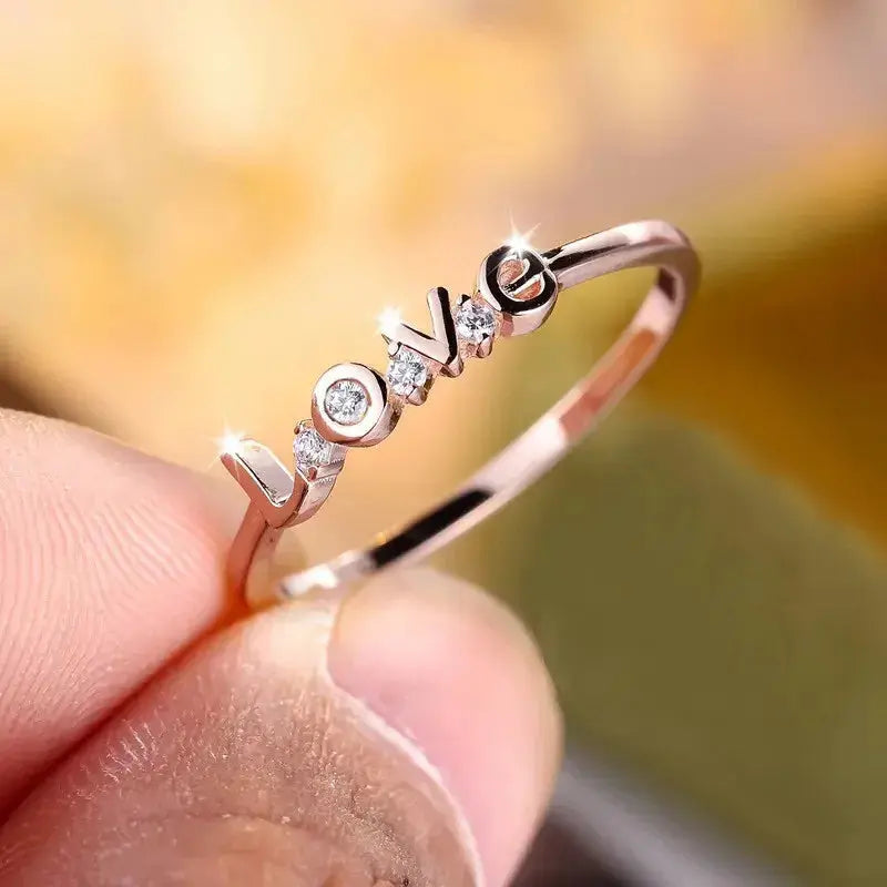 Bague en Argent Sterling 925, Inscription LOVE avec Zircon Étincelant-Bagues-Héritage Chic -Rose Gold 9-9-Heritage Chic