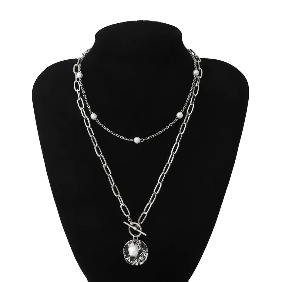 Collier Élégance Perle & Médaillon – Chaîne Argentée Ajustable-Collier-Héritage Chic -Silver-Heritage Chic