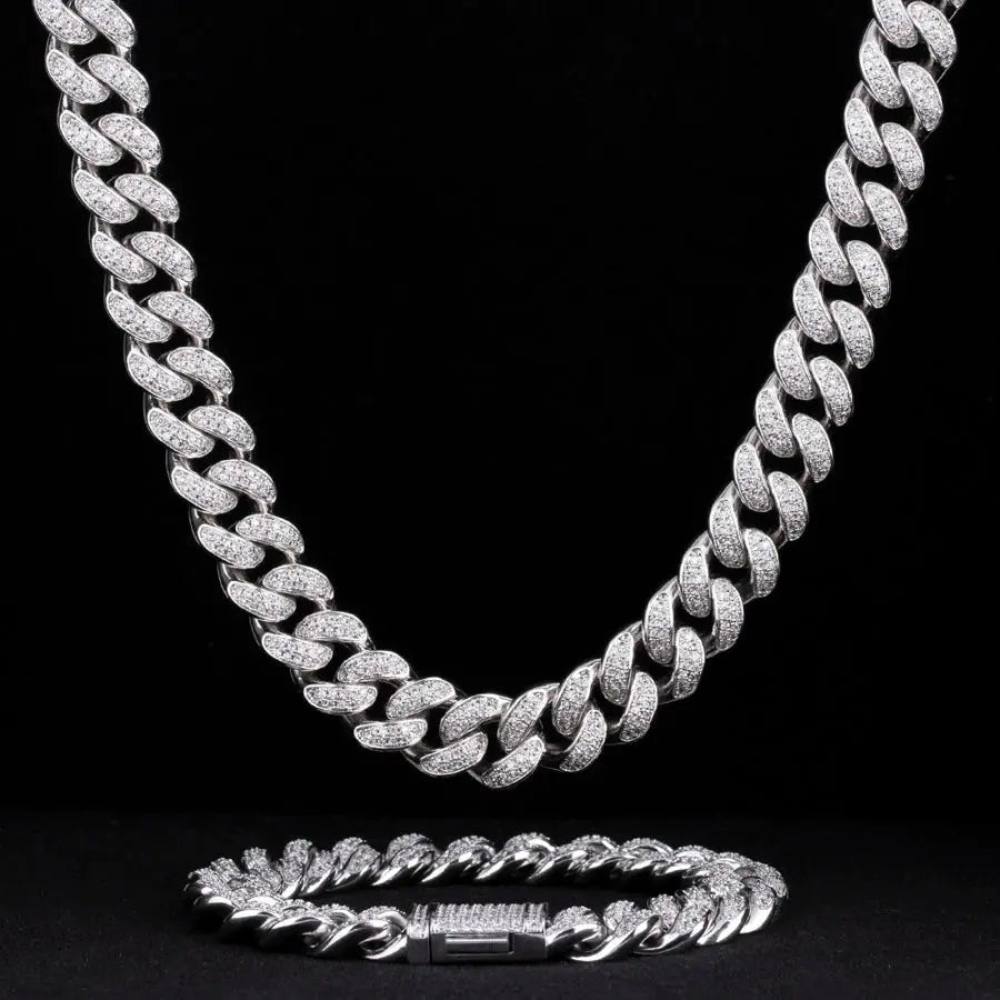 Set Cuban Link 12mm – Chaîne et Bracelet Iced Out Style Hip-Hop-Collier-Héritage Chic -Silver-18inches-Heritage Chic