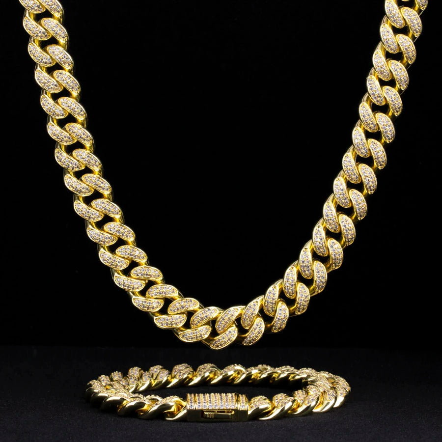 Set Cuban Link 12mm – Chaîne et Bracelet Iced Out Style Hip-Hop-Collier-Héritage Chic -Gold-18inches-Heritage Chic