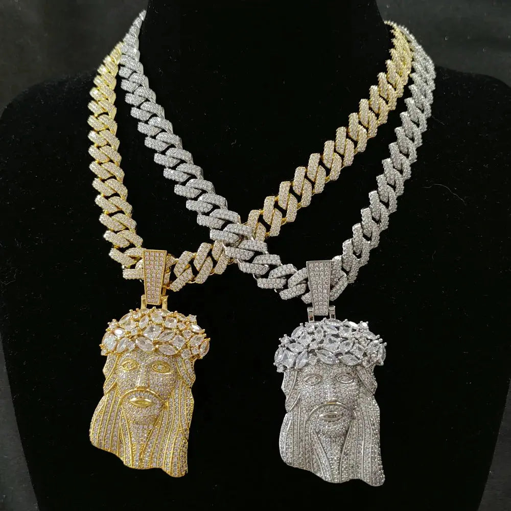 Hip Hop 5A+ CZ Stone Paved Bling Iced Out Big JESUS PIECES Pendants Necklaces for Men Rapper Jewelry with 14MM cuban chain Heritage Chic