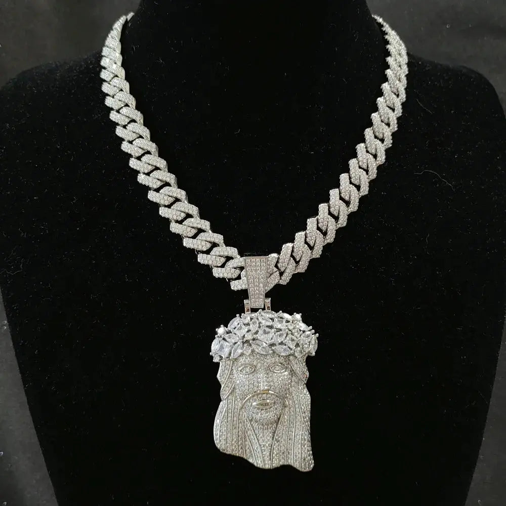 Hip Hop 5A+ CZ Stone Paved Bling Iced Out Big JESUS PIECES Pendants Necklaces for Men Rapper Jewelry with 14MM cuban chain Heritage Chic