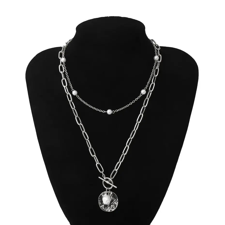 Collier Élégance Perle & Médaillon – Chaîne Argentée Ajustable-Collier-Héritage Chic -Silver-Heritage Chic