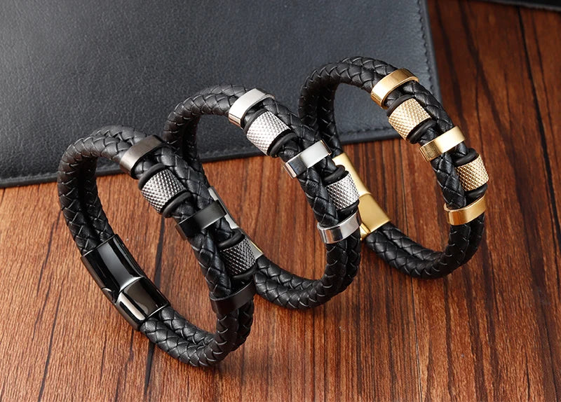 Bracelet Mixte en Cuir Véritable & Perles oeuil de Tigre, Fermoir Acier Inoxydable Magnétique