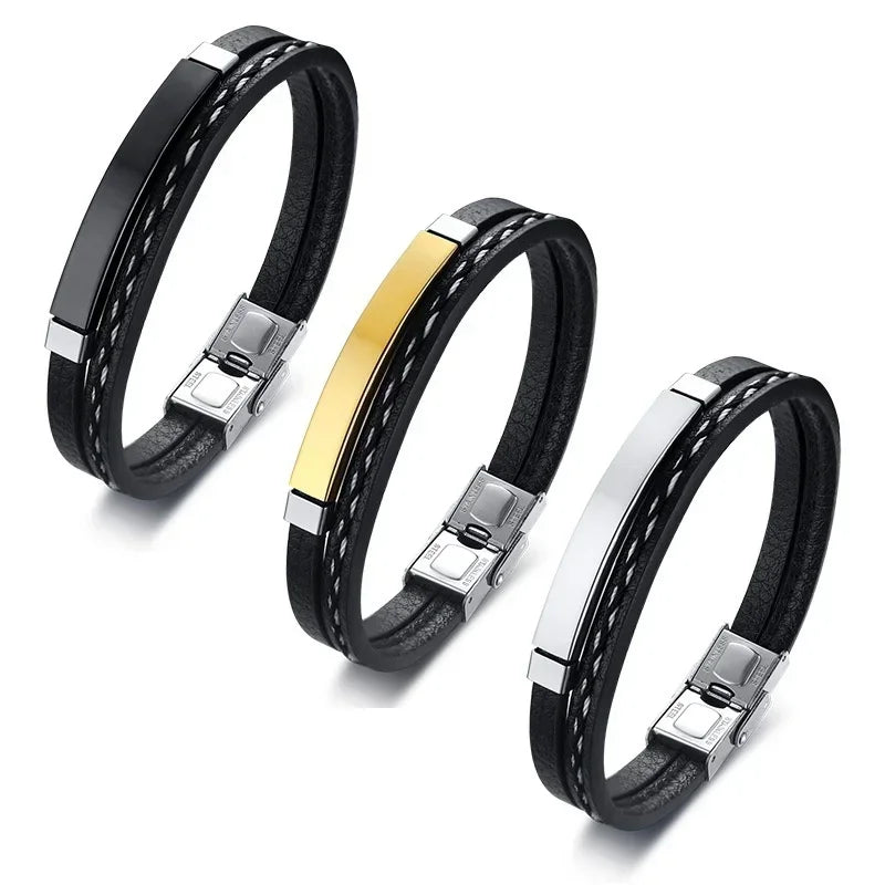 Bracelet Homme Cuir Tressé et Acier Élégance Contrastée