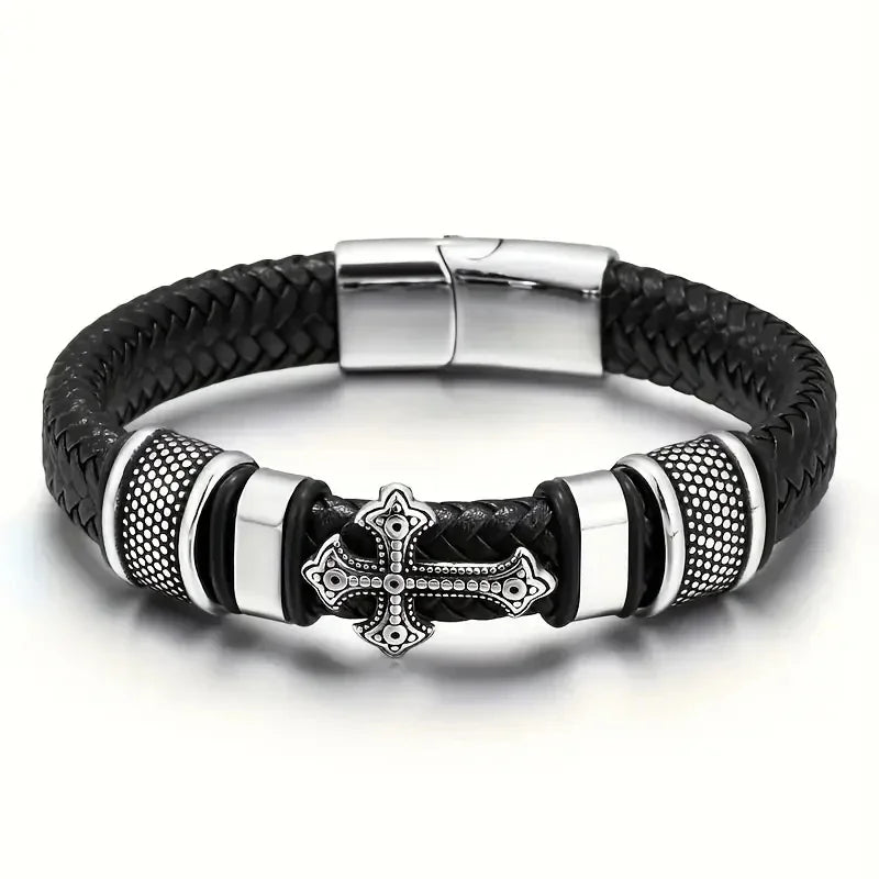 Bracelet en cuir noir et acier – Motif croix décorative