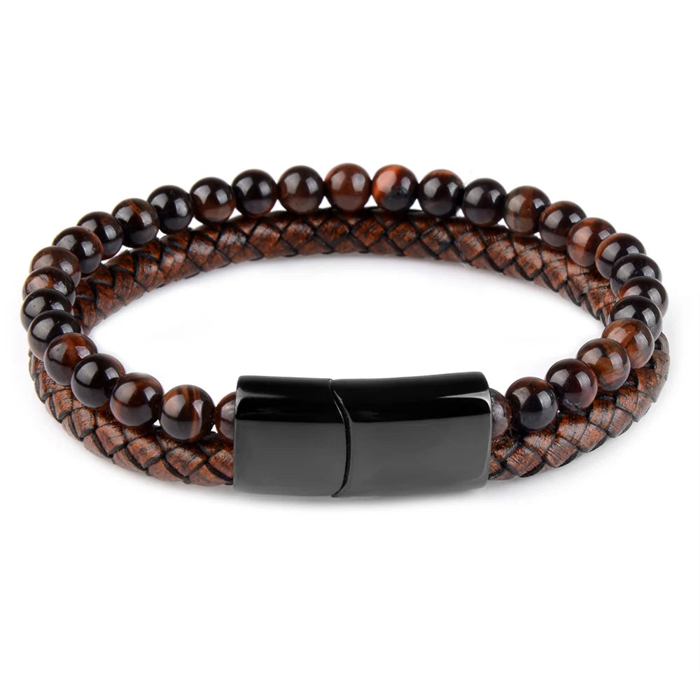 Bracelet Homme Œil de Tigre – Cuir Véritable & Acier Noir Aimanté