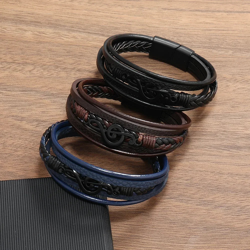 Bracelet homme multicouche en cuir avec fermoir magnétique et symbole musical – Héritage Chic
