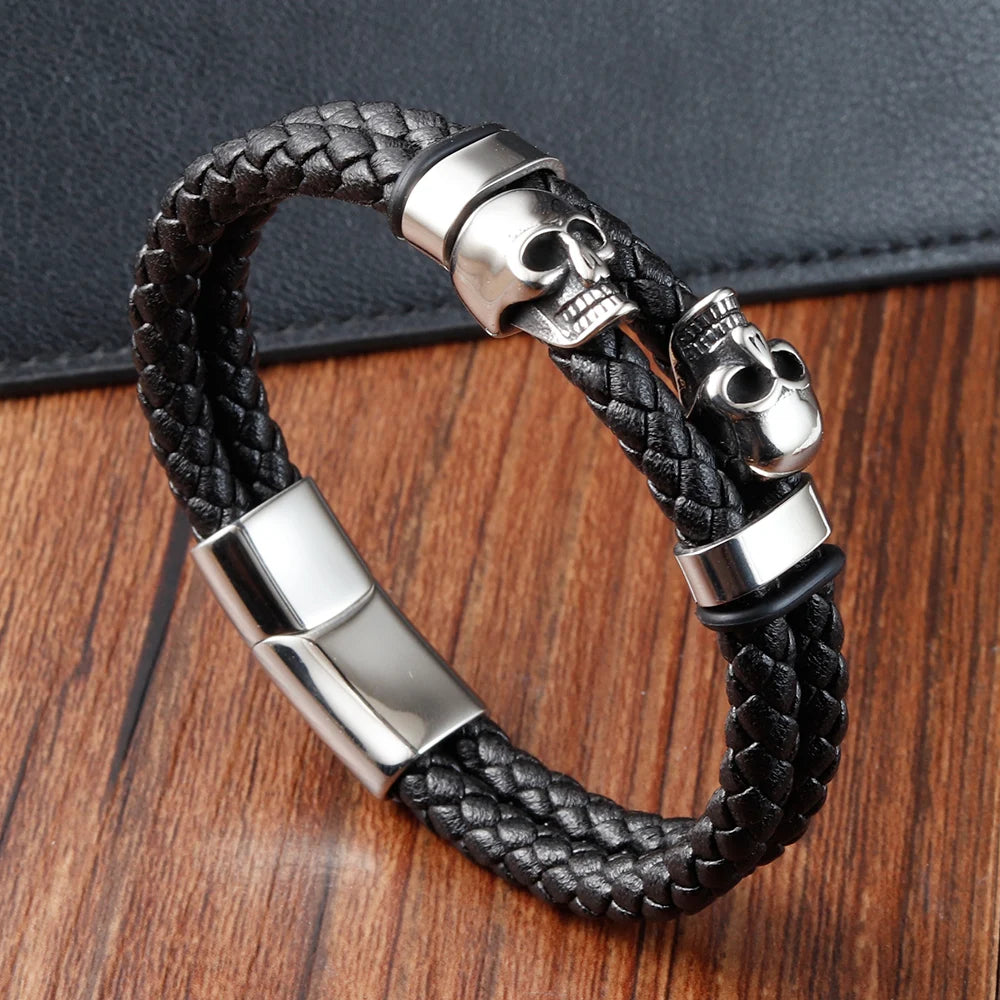 Bracelet Cuir Noir Tressé Homme et Style Punk à Fermoir Magnétique en Acier Inoxydable