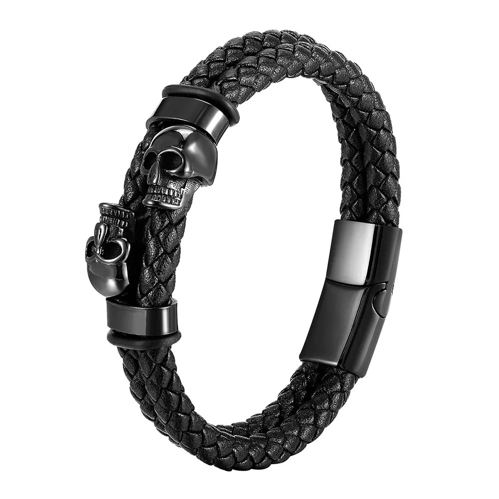 Bracelet Cuir Noir Tressé Homme et Style Punk à Fermoir Magnétique en Acier Inoxydable