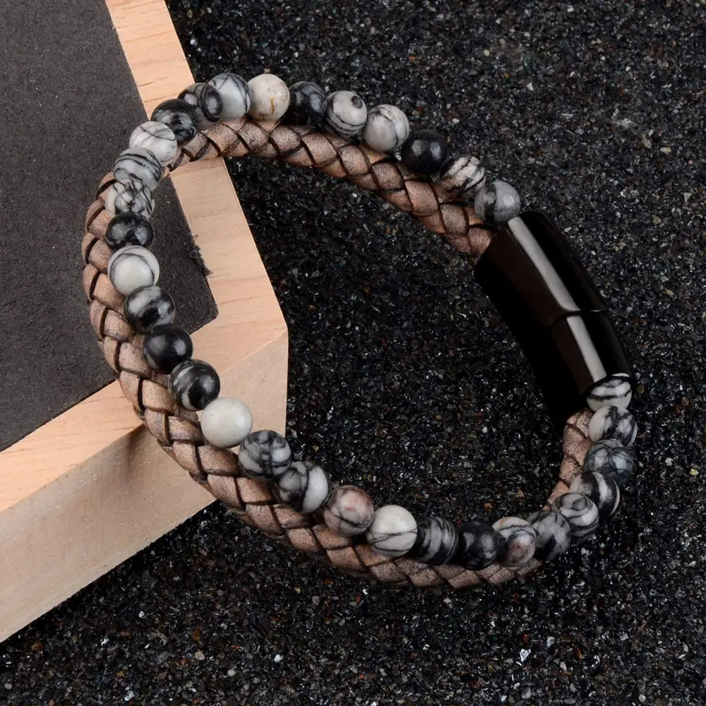 Bracelet Homme Œil de Tigre – Cuir Véritable & Acier Noir Aimanté