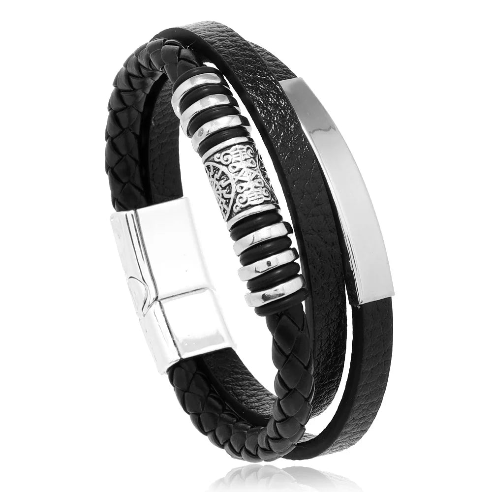 Bracelet Homme en Cuir Tressé et Acier Inoxydable – Multicouches – Élégant et Tendance