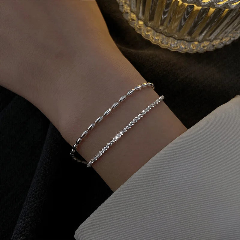 Bracelet Femme Argenté 925 – Double Chaîne Brillante Ajustable Style Coréen