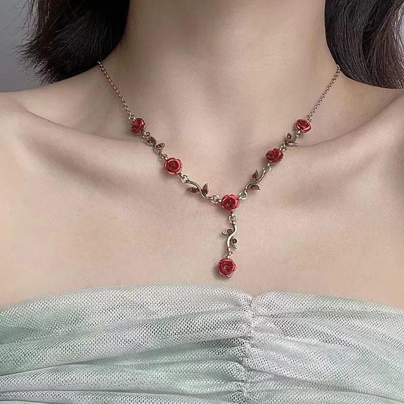 Vintage French Rose Flower Bracelet Set for Women EuropeAn-American Ins Personality Temperament Red Rose Jewelry Heritage Chic