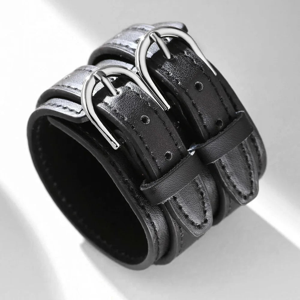 Bracelet Large en Cuir Véritable pour Homme et Style Punk Réglable avec Double Boucle